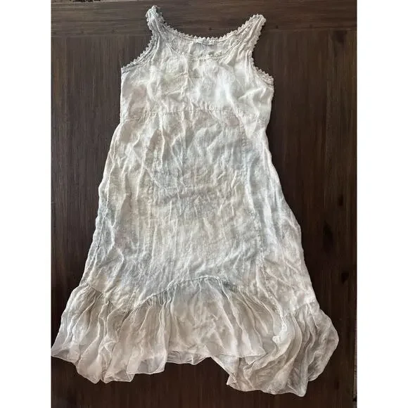 Tempo Paris Dress Womens Small Beige Linen Midi Ruffle Hem Sundress Italy - Picture 1 of 7